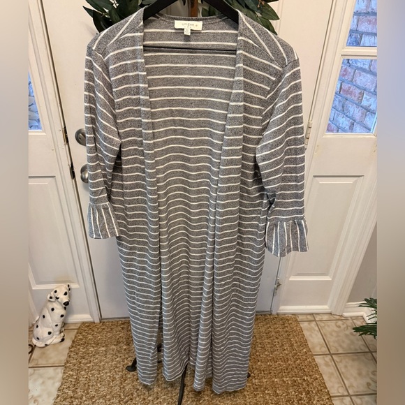Umgee Tops - Umgee Boho Gray & White Stipe Long Open Front Duster Cardigan Coverup Kimono XL